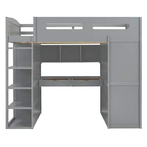 Full Size Loft Bed with Desk, Wardrobes, 4 Drawers and 4 Shelves-Gray