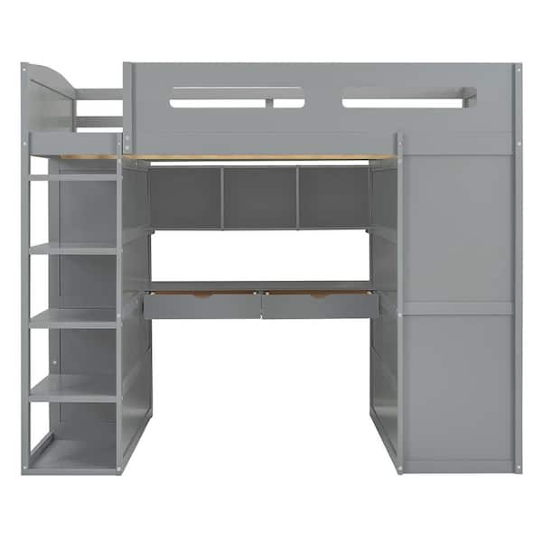 Polibi Full Size Loft Bed with Desk, Wardrobes, 4 Drawers and 4 Shelves-Gray