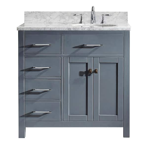 Virtu USA Caroline Parkway 36 in. W Bath Vanity in Gray with Marble Vanity Top in White with Round Basin