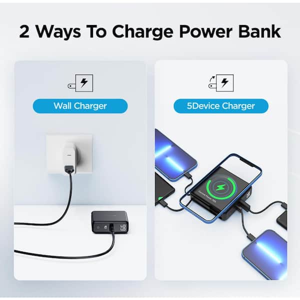 Yichuhaoxi Portable Charger AC Wall Plug and Built-In Cables 10000 mAh USB  C Power Bank in Black with Wireless Charger 1-02027FPH005