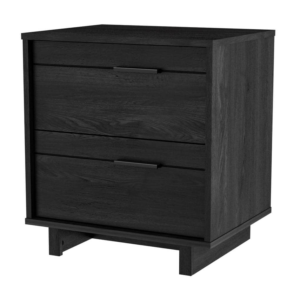 Modern Gray Oak 2-Drawer Nightstand with Sleek Metal Handles
