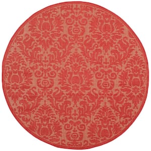Courtyard Red 5 ft. x 5 ft. Round Floral Indoor/Outdoor Patio  Area Rug