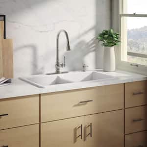 Brookfield Drop-In Cast-Iron 33 in. 4-Hole Double Bowl Kitchen Sink with Artifacts Faucet in White