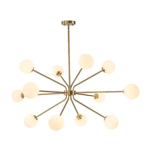 Ceder 12-Light 47.2 in.W Brass Sputnik Chandelier with Frosted Glass Globesfor Dining Room and Living Room