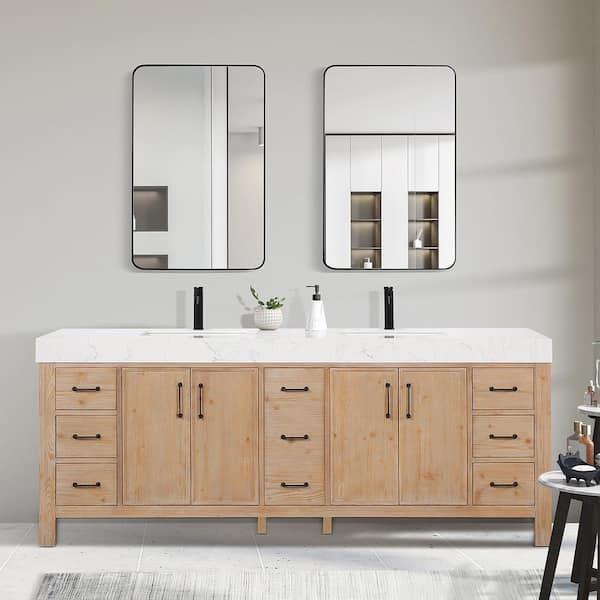 León 84 in.W x 22 in.D x 34 in.H Double Sink Bath Vanity in Fir Wood White with Grey Composite Stone Top