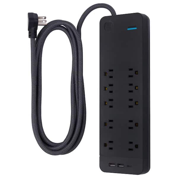 GE 10-Outlet 2 USB-A 1 USB-C Surge Protector with 8 ft. Braided Cord, Black