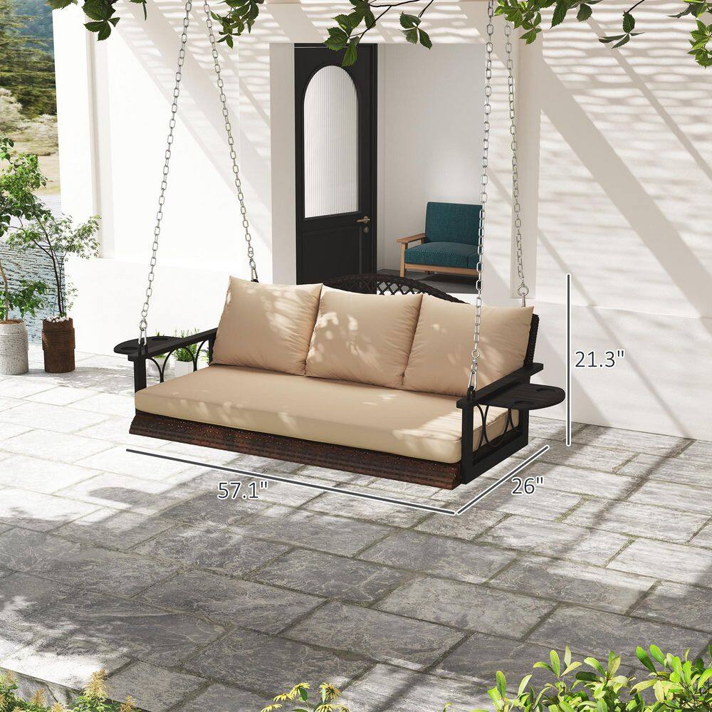 Brown Wicker Hanging Porch Swing with Beige Cushions and Steel Frame