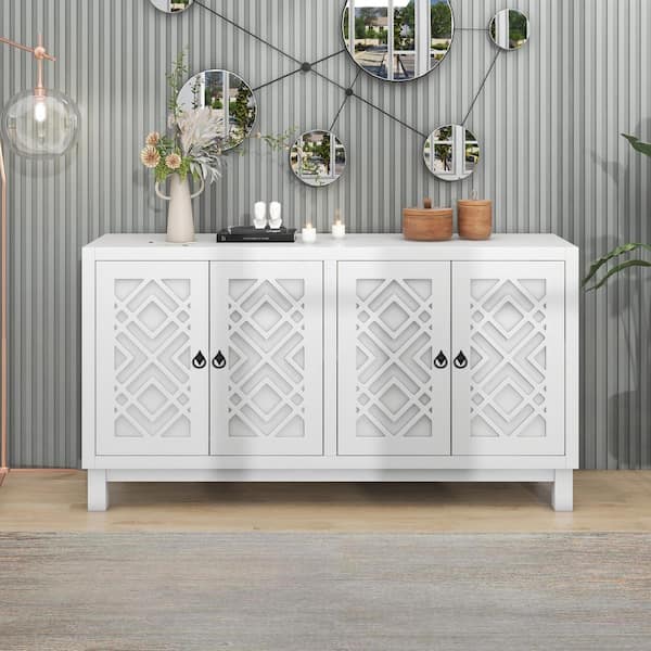 Harper & Bright Designs White MDF 60 in. Sideboard with Adjustable Shelves and Metal Pull-ring Handle