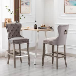 Harper 29 in. Gray Velvet Tufted Wingback Kitchen Counter Bar Stool with Solid Wood Frame in Antique Gray (Set of 2)