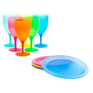 12-Piece Colorful Plastic Reusable 14 oz. Goblets and 10 in. Dinner Plates Set (Service for 6)