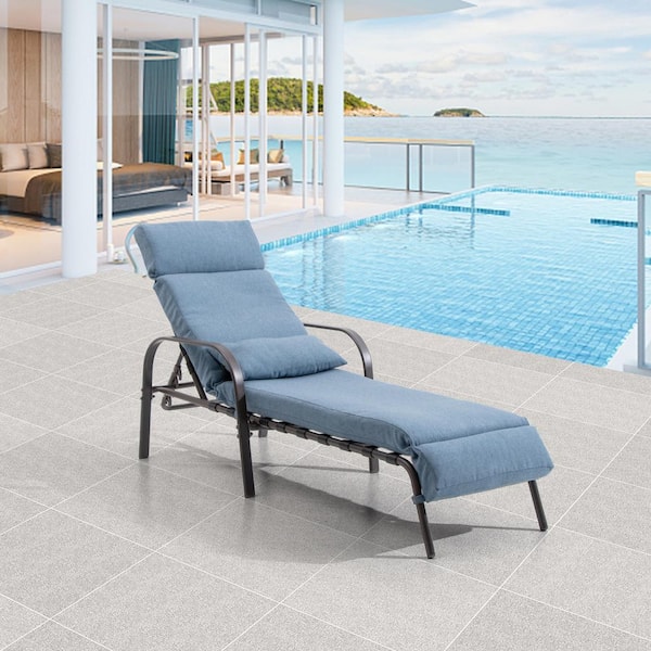 Crestlive Products 1-Piece Metal Adjustable Outdoor Chaise Lounge with Dark Blue Cushions