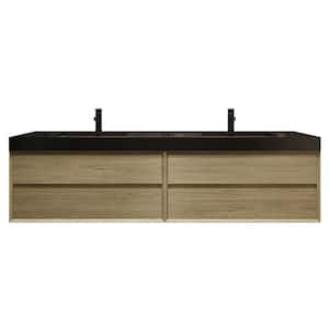 MIA 84 in. W x 20 in. D x 24 in. H Double Sink Floating Bath Vanity in Teak Oak with Black Stainless Steel Top