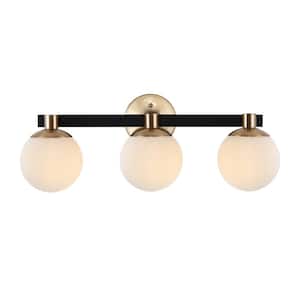 Modernist Globe 24 in. 3-Light Brass Gold/Black Metal Modern Contemporary LED Vanity Light with Frosted Glass