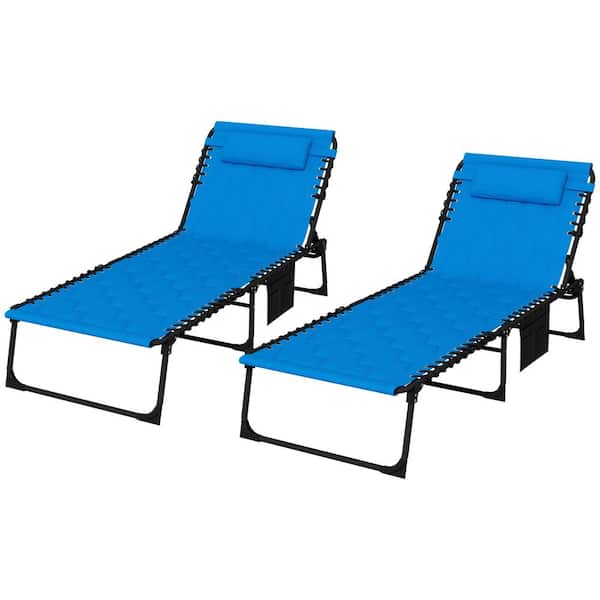Outsunny Folding Blue Oxford Fabric Outdoor Tanning Chair with Padded Seat, Side Pocket and Headrest
