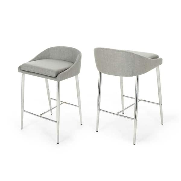 Benjara Yoko 30.5 in. H Gray and Chrome Low Back Metal Bar Counter Stool with Fabric Seat (Set of 2)