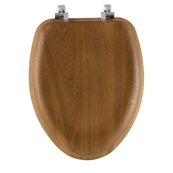 Elongated Wood Closed Front Toilet Seat in Natural Oak with Chrome Hinge