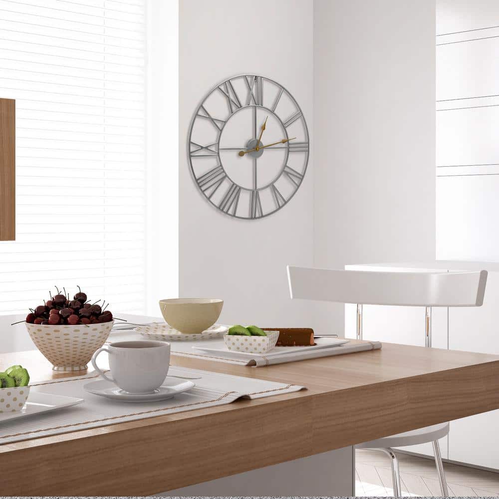 Oversized Silver Metal Roman Numeral Wall Clock