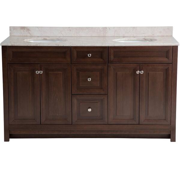 Home Decorators Collection Brinkhill 61 in. W x 22 in. D Bathroom Vanity in Cognac with Stone Effects Vanity Top in Dune with White Sink