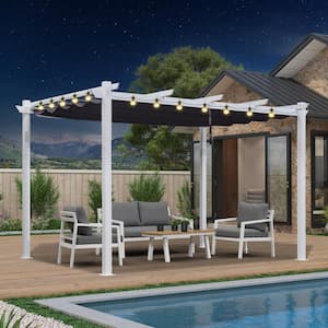 10 ft. x 13 ft. White Aluminum Frame Morden Pergola with Navy Blue Retractable Sun Shade Canopy and String Lights