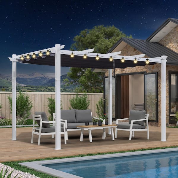 PURPLE LEAF 10 ft. x 13 ft. White Aluminum Frame Morden Pergola with Navy Blue Retractable Sun Shade Canopy and String Lights