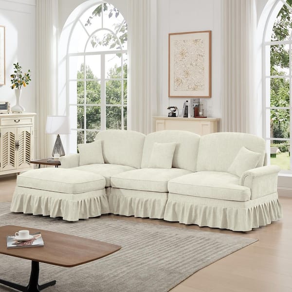 Phoebe 107.1 in. Flared Arms Chenille L-Shaped Sectional Sofa in Beige White, Removable Ruffles Pleats Skirts, 1-Ottoman