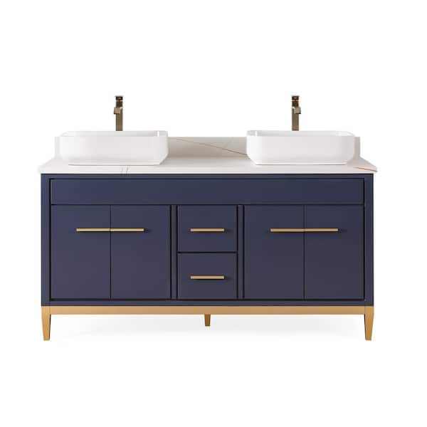 Unbranded 60 in. W x 22 in. D x 31 5/8 in. H Bathroom Vanity in Navy Blue Color with White Quartz Top