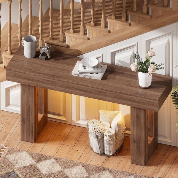 66in. Brown Rectangle Wood Console Table, LED Lighted Entryway Table with Storage Drawers