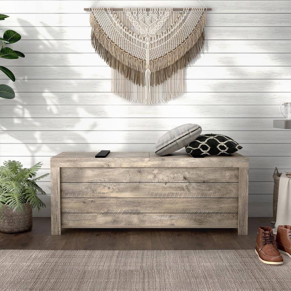 Weathered Oak Farmhouse Storage Bench with Slide Top