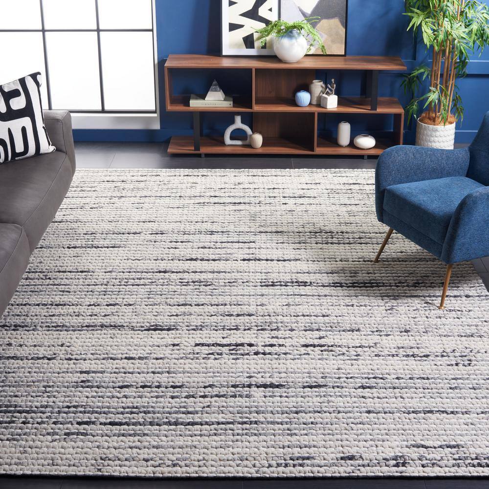Handmade Black and Ivory Striped Wool Area Rug, 8' x 10'