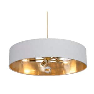 Celine 60-Watt 5-Light Satin Brass Shaded Pendant Light with Fabric Shade and No Bulbs Included