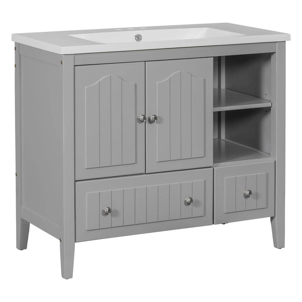 Hot Sale 36 in. W Freestanding Solid Wood Bath Vanity in Gray with White Ce