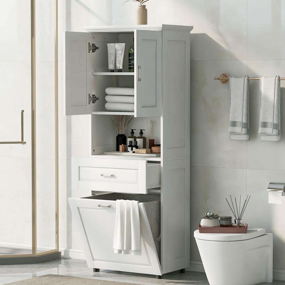 24.72 in. W x 16.29 in. D x 69.92 in. H White Linen Cabinet with Tilt-Out Laundry Hamper and Upper Storage Cabinet price history on PriceWatchPro