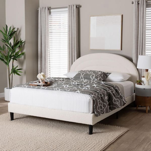 Pelagia Cream White Fabric Upholstered Frame Queen Platform Bed