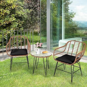 3PCS Rattan Patio Conversation Set Bistro Chat Set w/Black Cushion