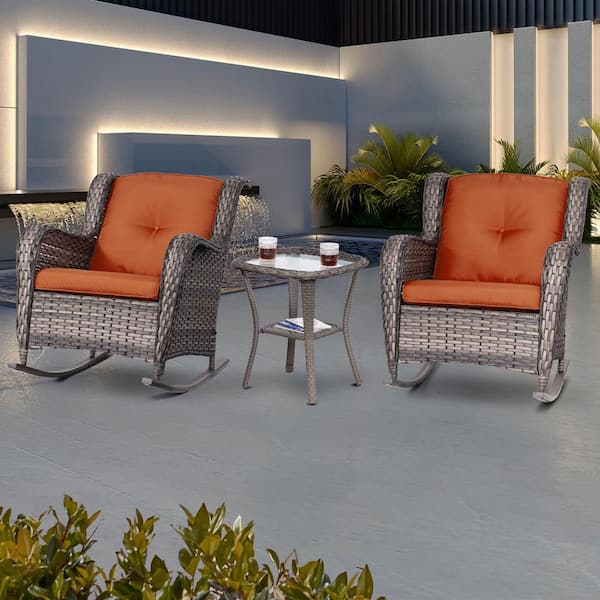 3-Piece Wicker Patio Outdoor Rocking Chair Set with Orange Cushions