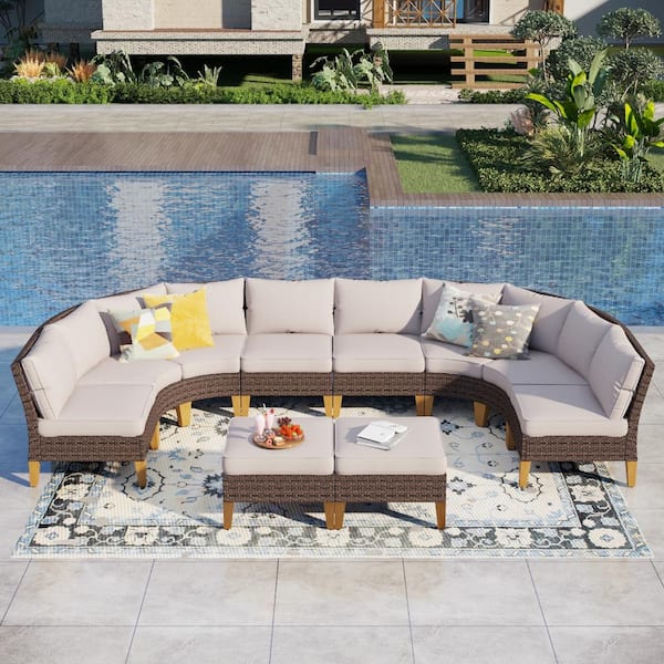 PHI VILLA Brown Rattan Wicker 10 Seat 10-Piece Steel Outdoor Patio Conversation Set with Beige Cushions