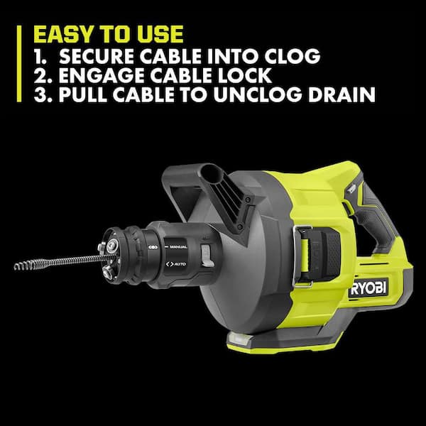 RYOBI ONE+ 18V Cordless Drain Auger with 35 ft Cable, LED Light