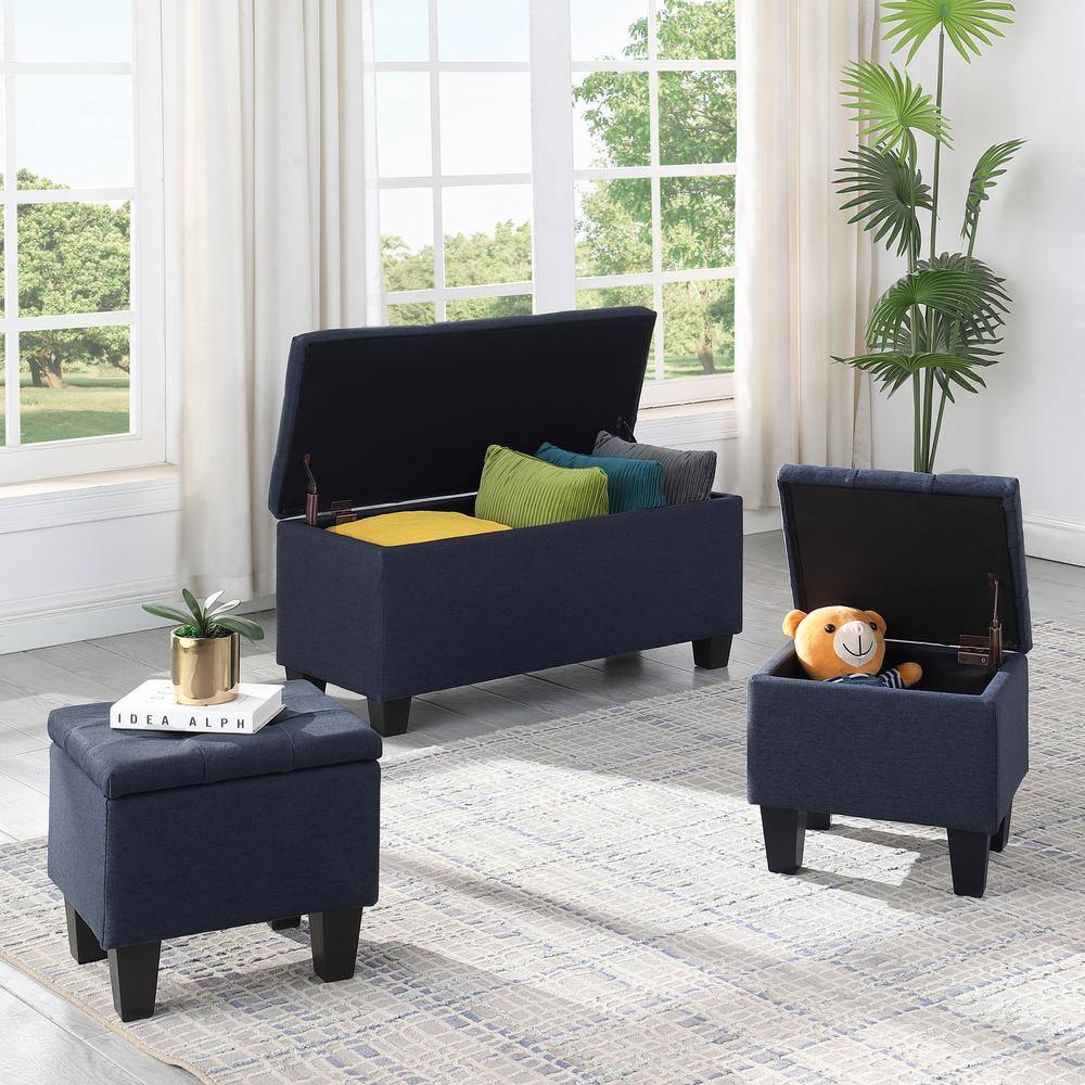 3-Pcs Dark Blue Fabric Large Storage Ottoman Bench Set, Line Bedroom End of Bed Storage Bench with 2-Ottoman Footrest price history on PriceWatchPro