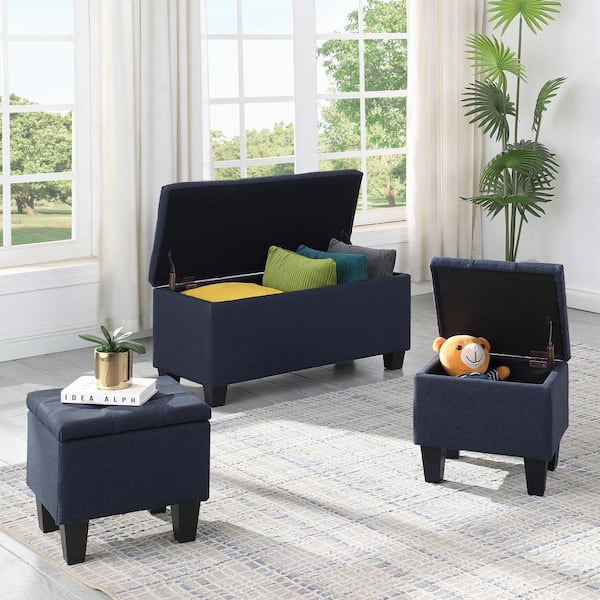 CSC DECOR INC 3-Pcs Dark Blue Fabric Large Storage Ottoman Bench Set, Line Bedroom End of Bed Storage Bench with 2-Ottoman Footrest