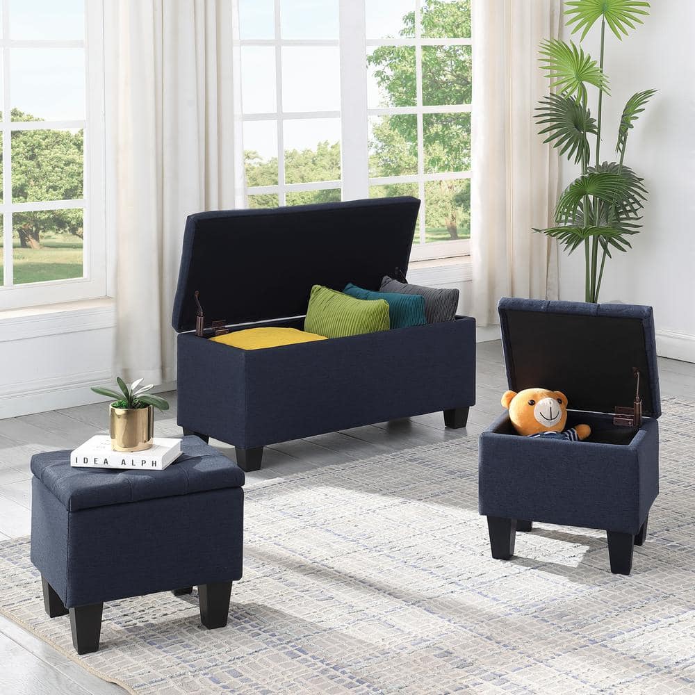 3-Pcs Dark Blue Fabric Large Storage Ottoman Bench Set, Line Bedroom End of