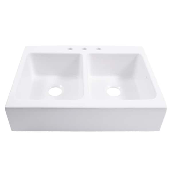 Parker 34 in. 3-Hole Quick-Fit Farmhouse/Apron-Front Drop-In Double Bowl Crisp White Fireclay Kitchen Sink