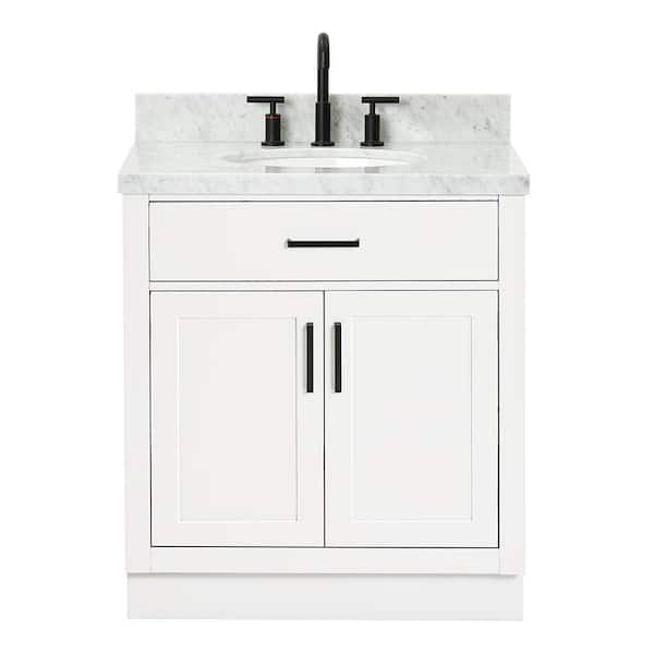 Hepburn 30 in. W x 22 in. D x 36 in. H Bath Vanity in White with Carrara Marble Vanity Top in White with White Basin