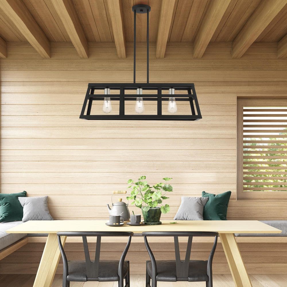 Schofield Black and Brushed Nickel 3-Light Linear Cage Chandelier