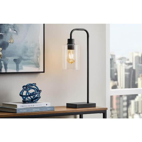 Hampton Bay Andra 22.5 in. Black Desk Lamp with Seeded Glass Shade and USB Port