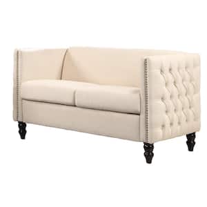 Juliett 53.54 in. Beige Polyester 2-Seat Loveseat with Nailheads and Tufted Arms