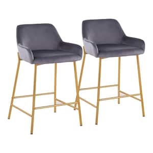 Daniella 33 in. Fixed-Height Silver Velvet and Gold Steel Counter Height Bar Stool (Set of 2)