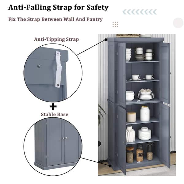 30 in. W x 14 in. D x 72.4 in. H Gray MDF Ready to Assemble Kitchen Cabinet with 4-Doors and Adjustable Shelves