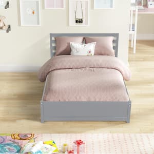 Gray Full Size Wood Kids Platform Bed with Trundle, Wooden Platform Bed Frame with Headboard and Wood Support Slats