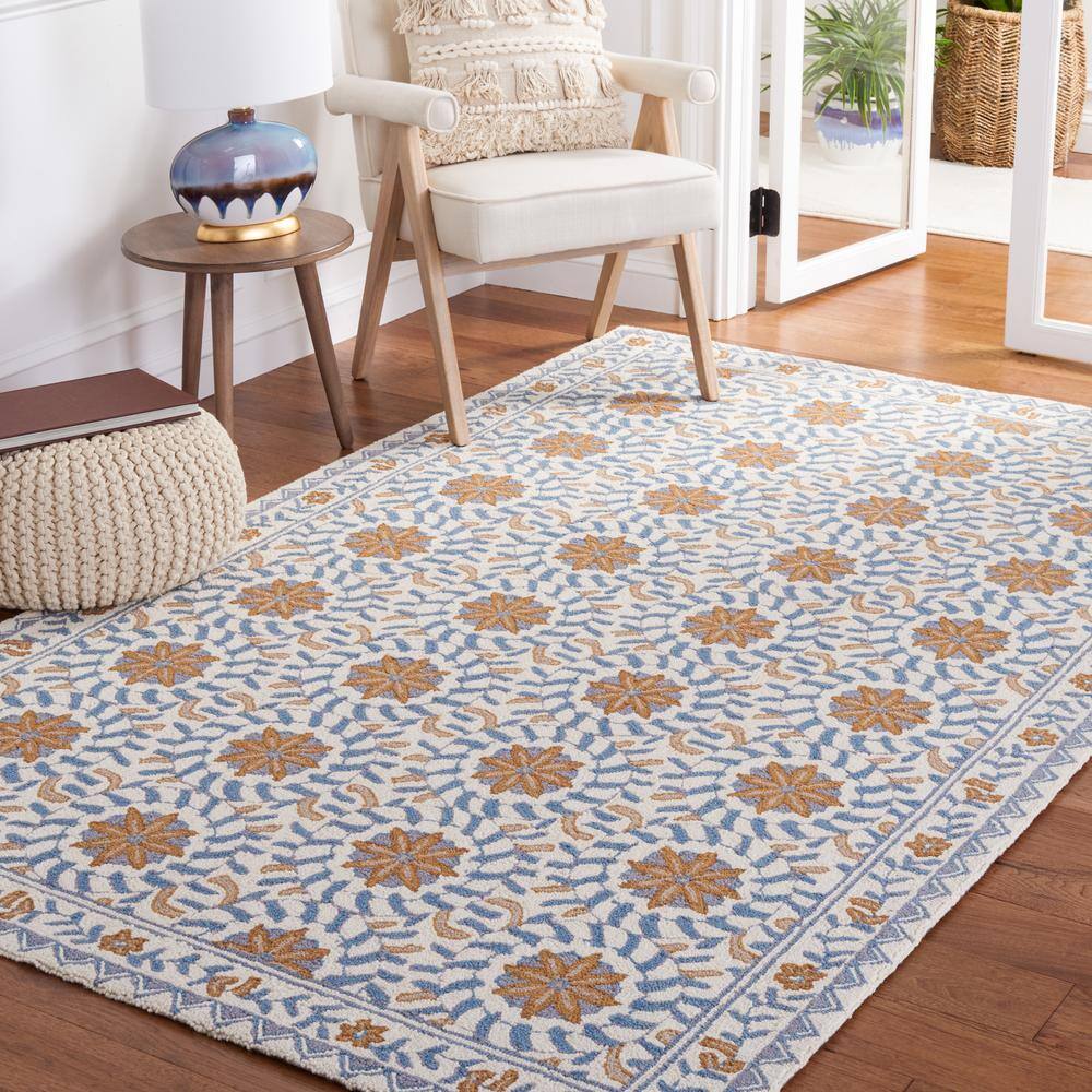 Handmade Chelsea Floral Wool Accent Rug - Ivory & Blue, 1'8" x 2'6"