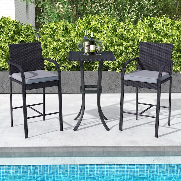 ANGELES HOME 3-Piece Patio Wicker Rattan Outdoor Serving Bar Set with Height Chairs and Square Table Set, Gray Cushions